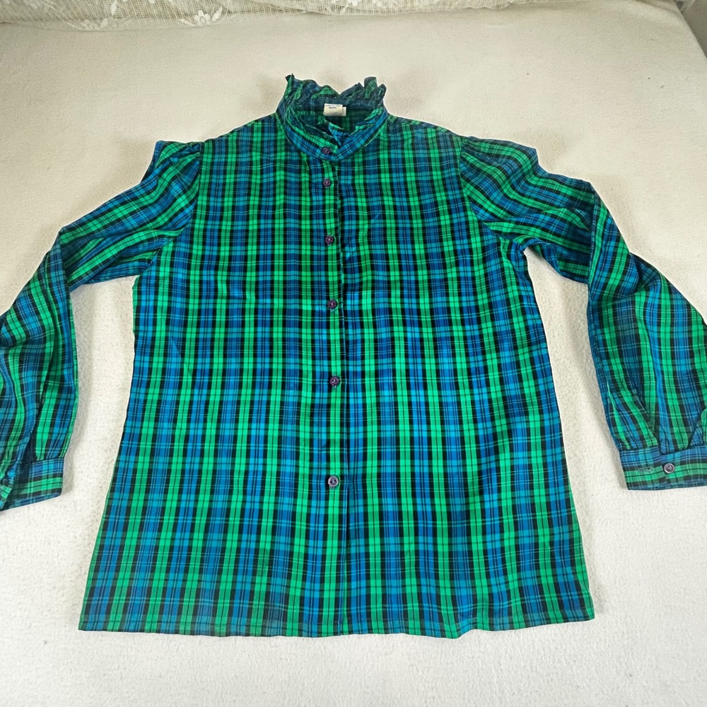 Vintage JCPenney Fashions Plaid Blouse Green Blue Ruffle Neck ILGWU USA 13/14